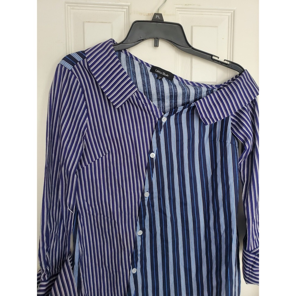 Lea & Viola Striped One Shoulder Button Down Top Blue‎ White XS
